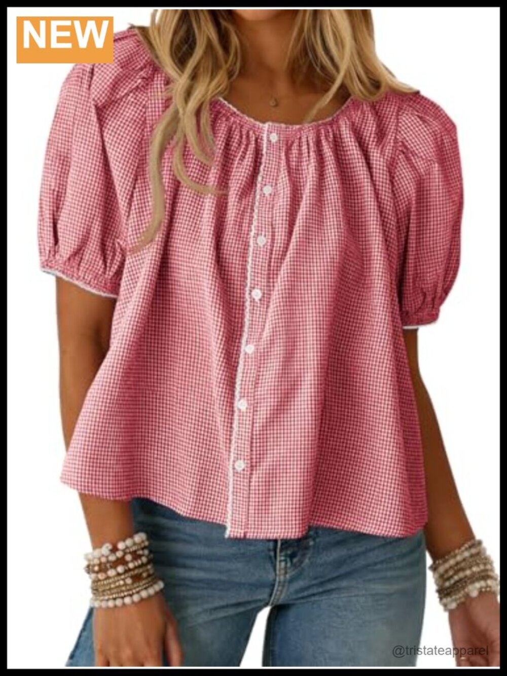 Women's Puff Sleeve Plaid Button Down Blouse Crew Neck Lightweight Soft Cotton